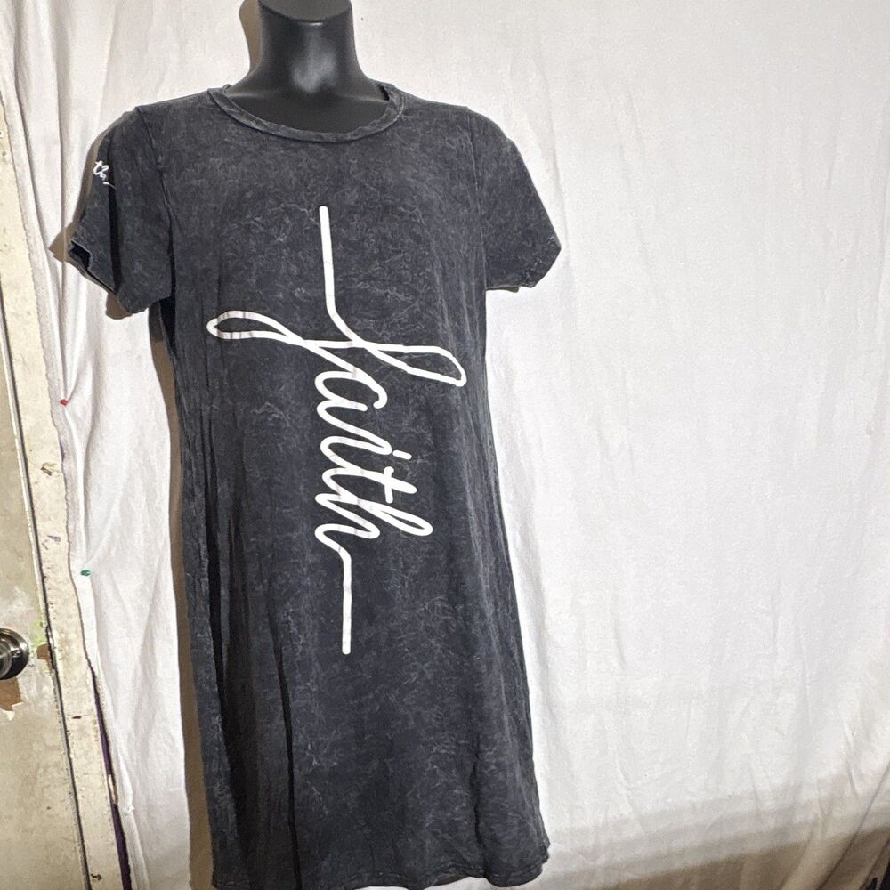 On Fire 3X Black Faith Graphic T-Shirt Dress Short Sleeve Round Neck Knee
